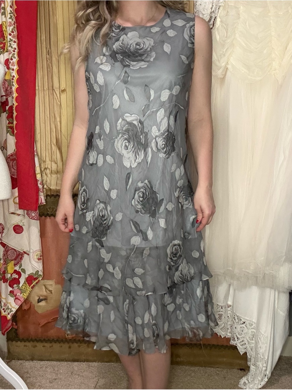Vintage 90’s Silk Gray Floral Sleeveless Midi Dress with Tiered Hem
